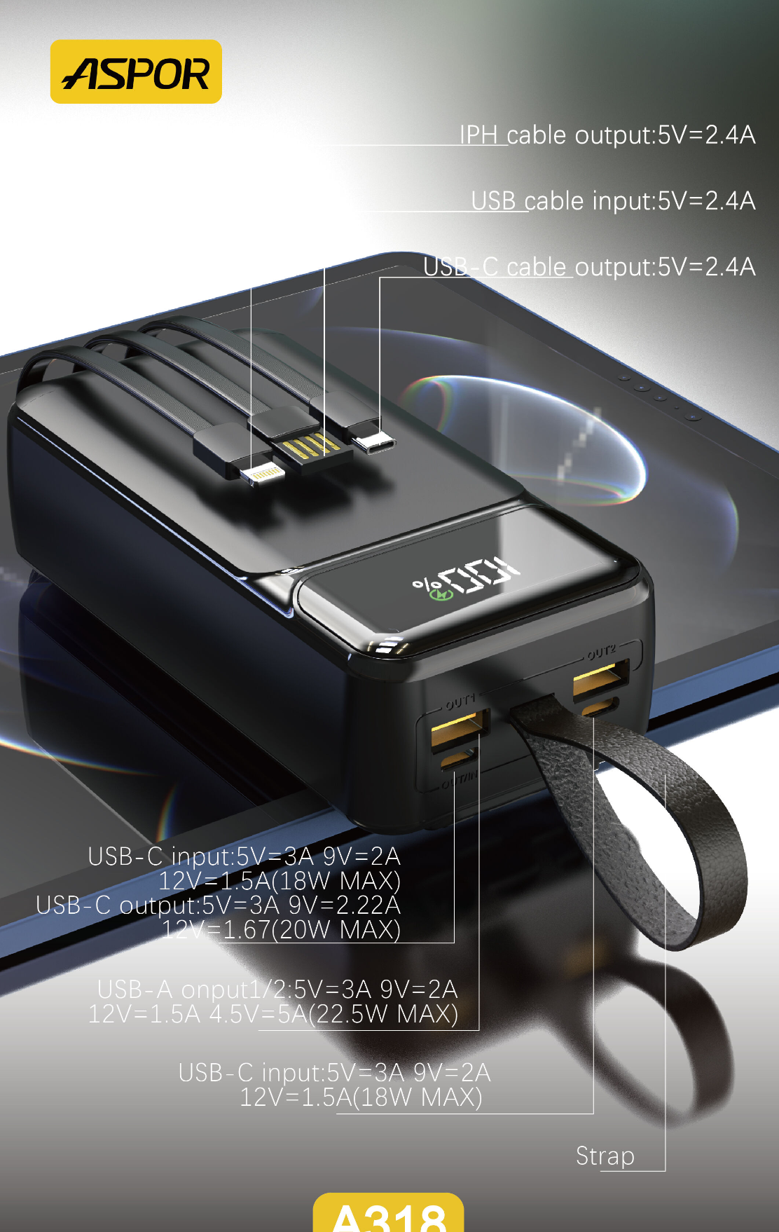 Aspor A318 40000 Power Bank - 3 In 1